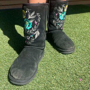 Ugg Juliette Embroidered Black Suede & Shearling Women's Boots Size 8